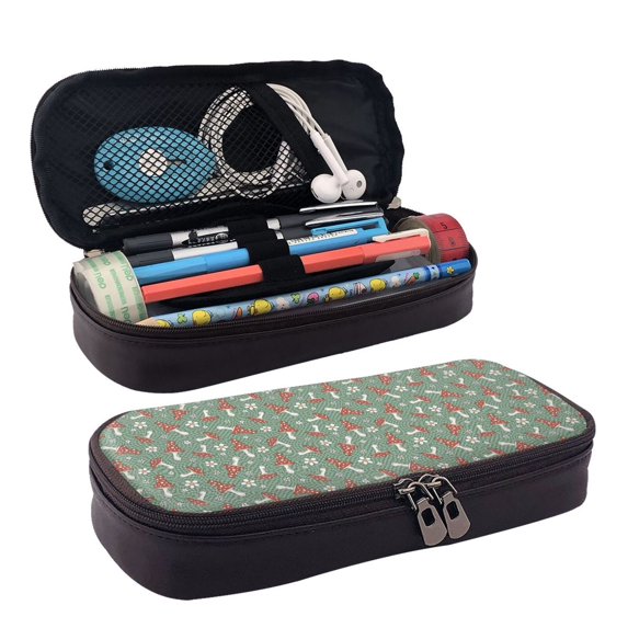 Lsque Retro Hippie Groovy Mushroom Printed Big Capacity PU Leather Pencil Case Large Pencil Pouch Stationery Pen Bag Pencil Holder for Teen