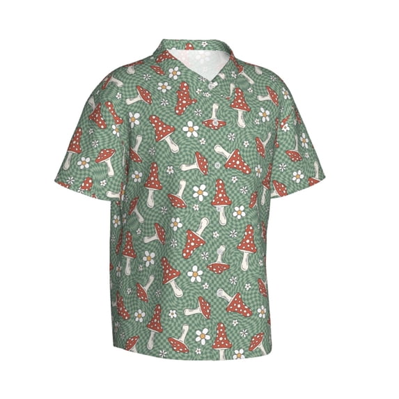 Lsque Retro Hippie Groovy Mushroom pattern Hawaiian Shirt for Men, Unisex Summer Beach Casual Short Sleeve Button Down Shirts-Large