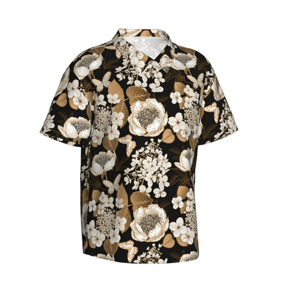 Lsque Retro Hydrangeas pattern Hawaiian Shirt for Men, Unisex Summer Beach Casual Short Sleeve Button Down Shirts-X-Large