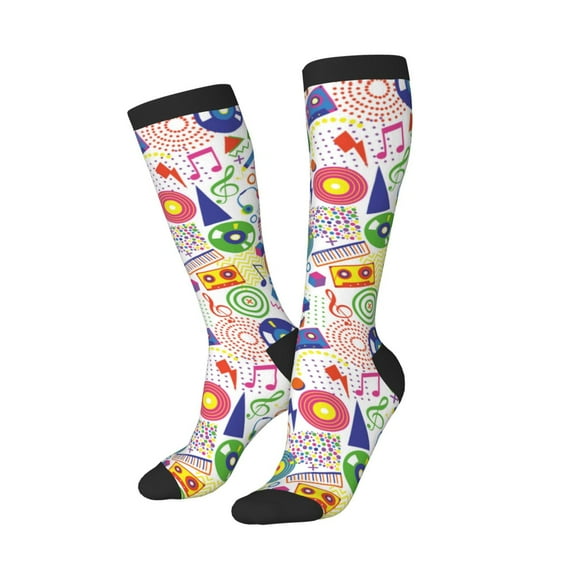 Lsque Retro Musi Disco Printed Crew Socks Men's Women's LightWeight Thin Casual Calf Socks ,Knee High Socks,Cotton Socks