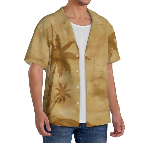 Lsque Retro Palm Tree print Men's Cuban Collar Short Sleeve Shirt Summer Beachwear Casual Button Down Fashionable Vacation Leisure Shirt-Large