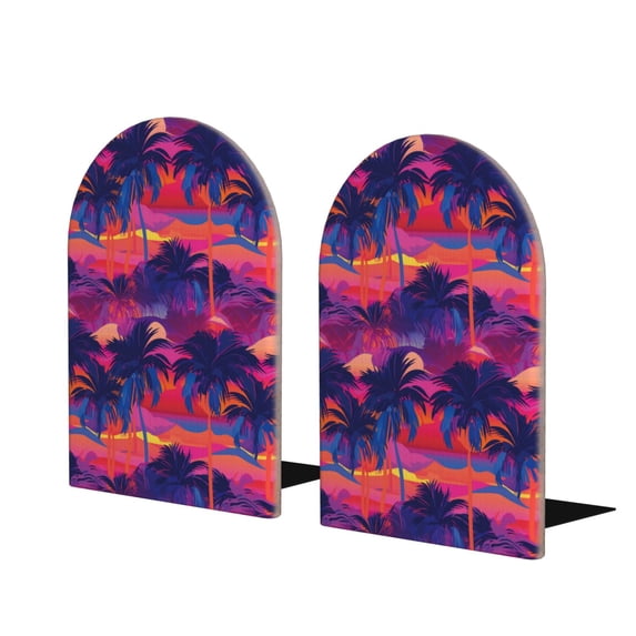 Lsque Retro Palms Printed Wood Bookends,Non-Skid Bookend for Shelves,Heavy Duty Support Bookends,Non-Slip Foam Pads for Office, Home, and Library,1 Pair