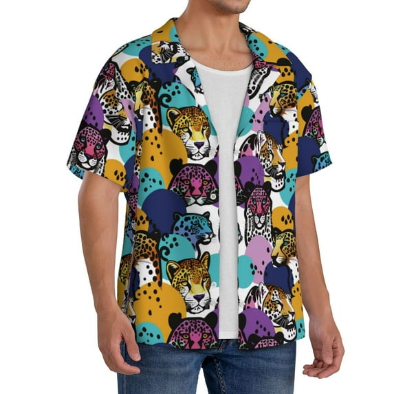 Lsque Retro Panther print Men's Cuban Collar Short Sleeve Shirt Summer Beachwear Casual Button Down Fashionable Vacation Leisure Shirt-4X-Large