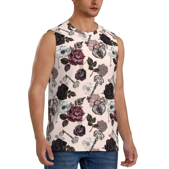 Lsque Retro Red Black Roses Print Men's Cotton Blend Sleeveless Muscle Shirts (S-3XL)- Moisture Wicking, Odor Protection, UPF 30 ,Medium