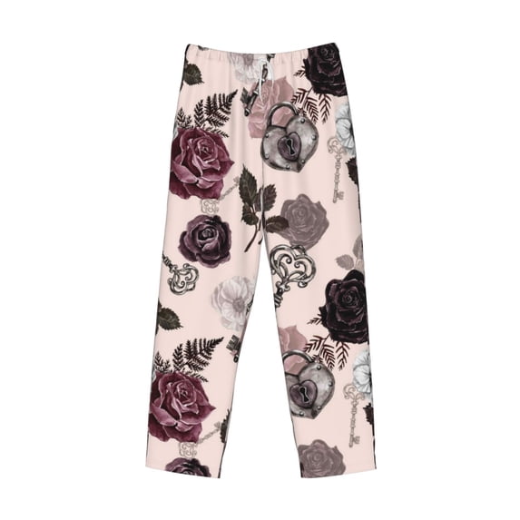 Lsque Retro Red Black Roses Print Men's Pajama Pants, Lounge Pant - Comfortable Home Wear,Elastic Waistband, Stylish Design-XX-Large