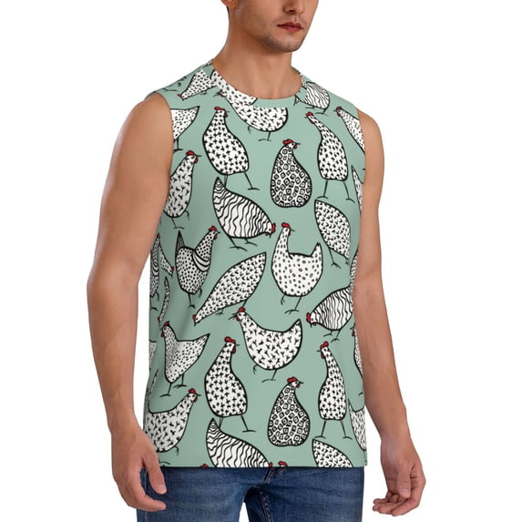 Lsque Retro Rooster4 Print Men's Cotton Blend Sleeveless Muscle Shirts (S-3XL)- Moisture Wicking, Odor Protection, UPF 30+,XX-Large