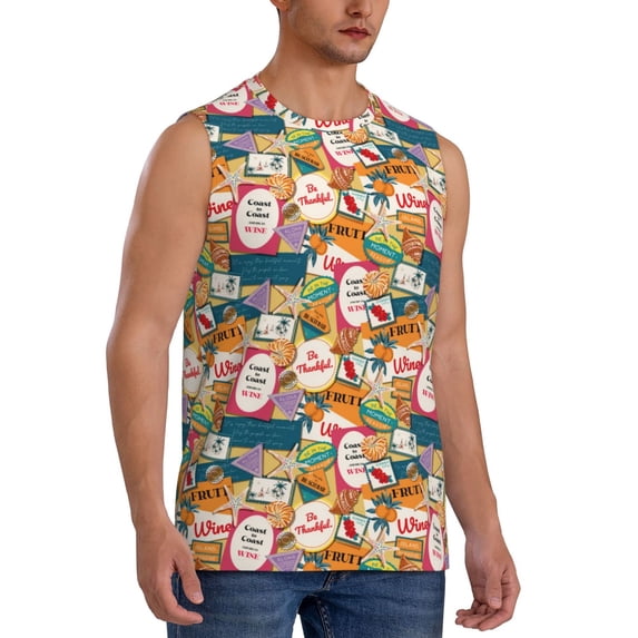 Lsque Retro Summer Stamp Print Men's Cotton Blend Sleeveless Muscle Shirts (S-3XL)- Moisture Wicking, Odor Protection, UPF 30+,Medium