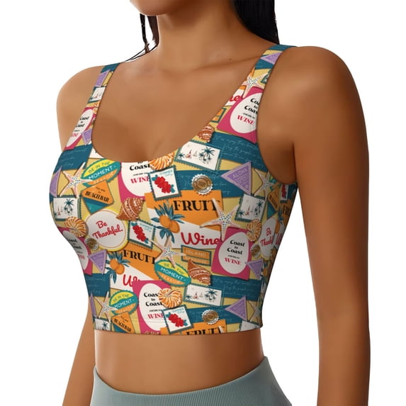 Lsque Retro Summer Stamp Printed Women'S Sports Bra, Compression, Moisture Wicking, High-Impact Sports Bra For Women,Supportive sports bra-Small