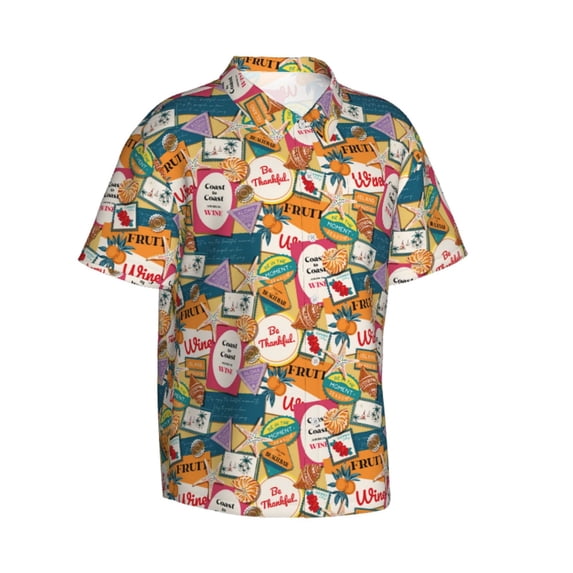 Lsque Retro Summer Stamp pattern Hawaiian Shirt for Men, Unisex Summer Beach Casual Short Sleeve Button Down Shirts-3X-Large