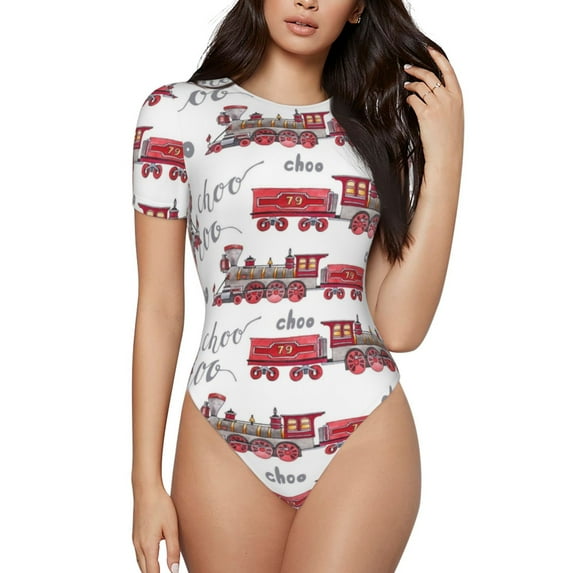 Lsque Retro Train Women's Crew Neck Short Sleeve Bodysuit Basic T Shirts Tops Onesie Adult Cute Pajama-XX-Large