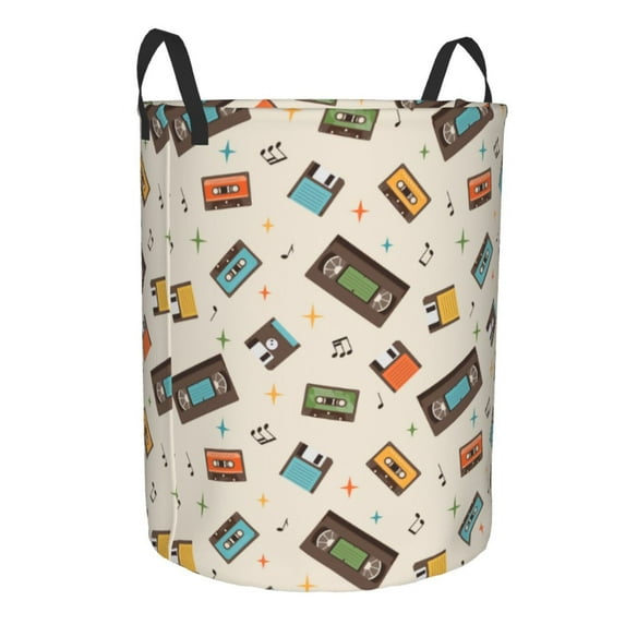 Lsque Retro Vintage Tape pattern Laundry Hamper Basket, Tall Woven Rope Hamper Basket for Clothes, Lightweight Storage Basket, Collapsible Waterproof-Small