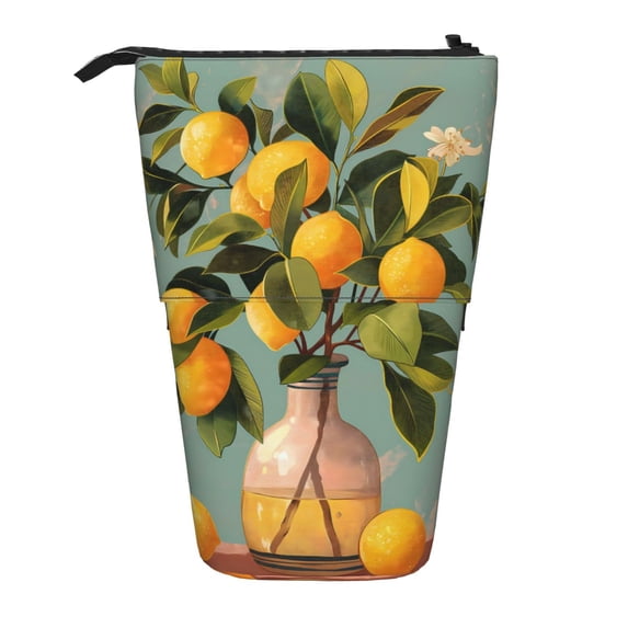 Lsque Retro Warm Lemon Flower Pattern Telescopic Pencil Bag Pen Holder Stationery Case, Stand-up Retractable Transformer Bag Organizer