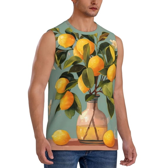 Lsque Retro Warm Lemon Flower Print Men's Cotton Blend Sleeveless Muscle Shirts (S-3XL)- Moisture Wicking, Odor Protection, UPF 30+,Large