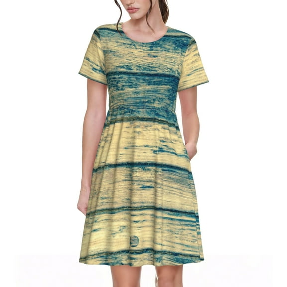 Lsque Retro Wooden Print Women's Casual Dress T-Shirt Summer Short Sleeve Scoop Neck Swing Dresses