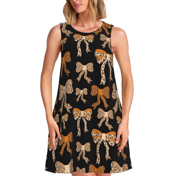 Lsque Ribbon bows with leopard Pattern Summer Dresses for Women – Sleeveless T-Shirt Swing Sundress, Perfect for the Beach and Casual Days