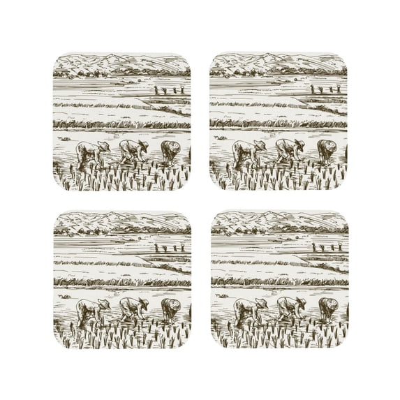 Lsque Rice Harvest Pattern 4" Drink Coasters Set of 4, PVC Leather Absorbent Coasters, Table Coaster Set Decorative Coffee Cup Coasters Housewarming Gift -Square
