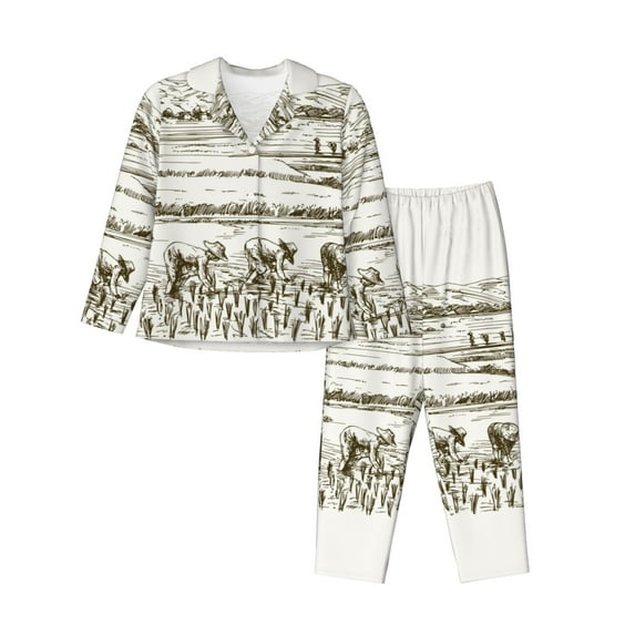 Lsque Rice Harvest Pattern Long Sleeve Pajama Set for Women - Soft 2-Piece Sleepwear and Loungewear Set with Pockets, Comfy Nightwear-X-Large