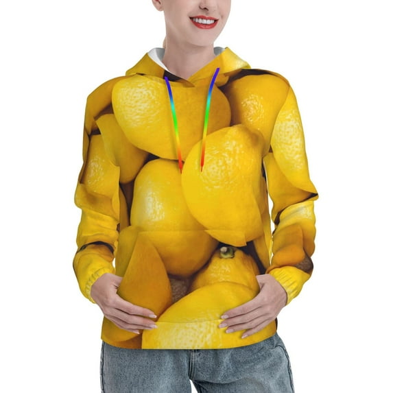 Lsque Ripe Yellow Lemon Pattern Casual Women's Hoodie,Hooded Sweatshirt with Kangaroo Pocket,Pullover Hoodie with Eye-catching Drawstrings-Medium