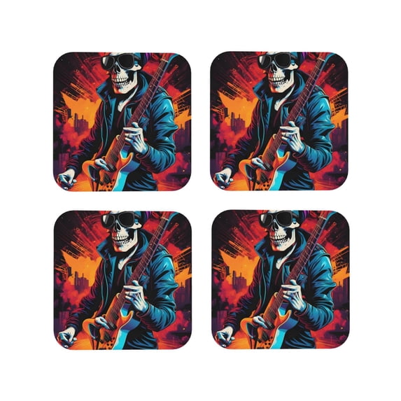 Lsque Rock Skull Singer Pattern 4" Drink Coasters Set of 4, PVC Leather Absorbent Coasters, Table Coaster Set Decorative Coffee Cup Coasters Housewarming Gift -Square