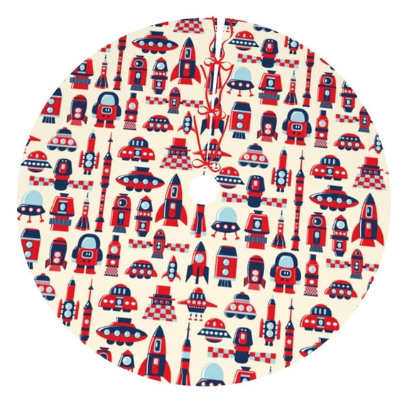 Lsque Rocket Pattern Print Christmas Tree Skirt, Tree Skirt with Ties or Velcro, Perfect for Holiday Decorations, Halloween, and New Year-36"
