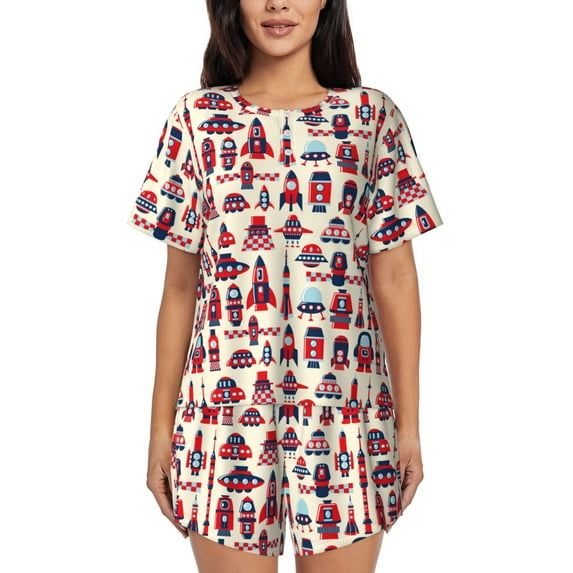 Lsque Rocket Pattern Women's Short-Sleeved Pajama Set - 2 Piece Soft and Lightweight Sleepwear Set-Medium