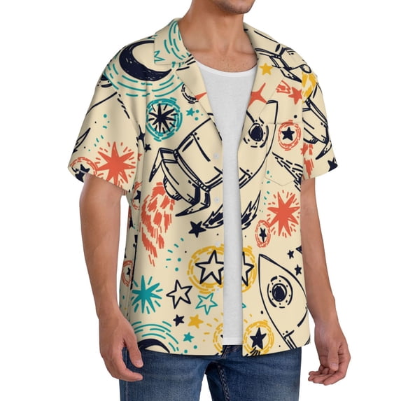 Lsque Rockets print Men's Cuban Collar Short Sleeve Shirt Summer Beachwear Casual Button Down Fashionable Vacation Leisure Shirt-Medium