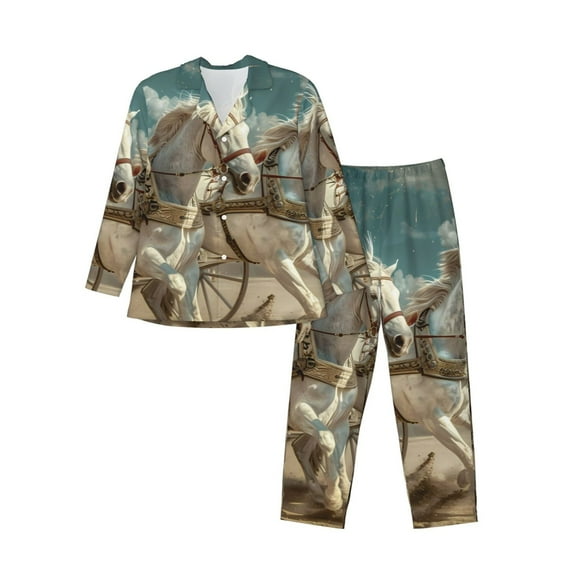 Lsque Roman Chariot Horse Race Pattern Long Sleeve Pajama Set for Men - Soft 2-Piece Sleepwear and Loungewear Set with Pockets, Comfy Nightwear-Large