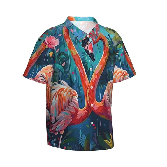 Lsque Romantic Flamingo Pair pattern Hawaiian Shirt for Men, Unisex Summer Beach Casual Short Sleeve Button Down Shirts-3X-Large