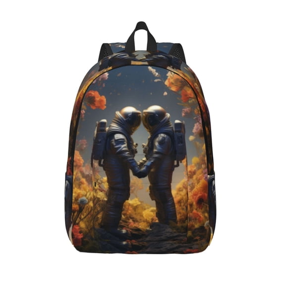 Lsque Romantic Flower Astronaut Couple Pattern Canvas Daypack, Durable Backpack, High-quality Versatile Backpack,Vintage Compact Backpack-Medium