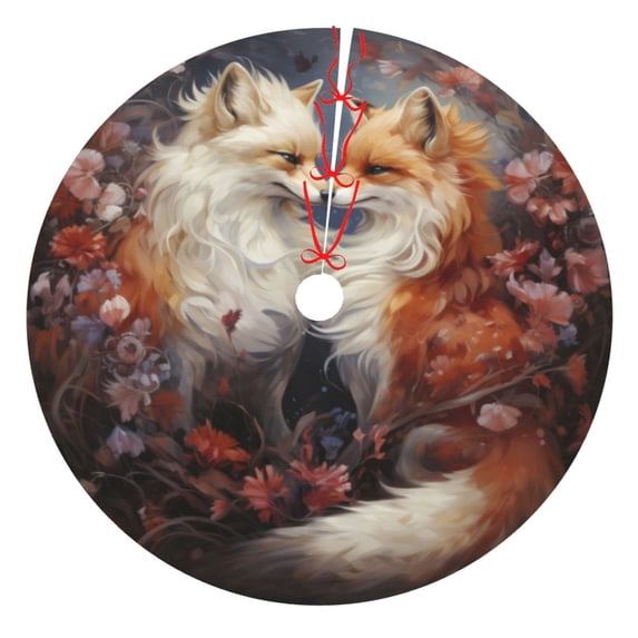 Lsque Romantic Flower Fox Couple Print Christmas Tree Skirt, Tree Skirt with Ties or Velcro, Perfect for Holiday Decorations, Halloween, and New Year-48"