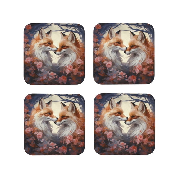 Lsque Romantic Flower Fox Pattern 4" Drink Coasters Set of 4, PVC Leather Absorbent Coasters, Table Coaster Set Decorative Coffee Cup Coasters Housewarming Gift -Square
