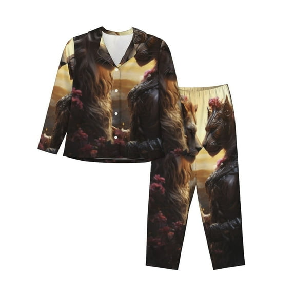 Lsque Romantic Flower Lion Couple Pattern Long Sleeve Pajama Set for Women - Soft 2-Piece Sleepwear and Loungewear Set with Pockets, Comfy Nightwear-Medium