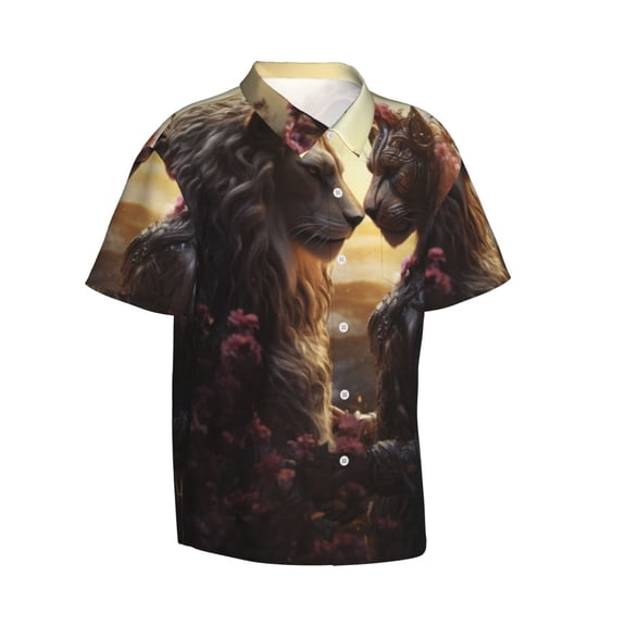 Lsque Romantic Flower Lion Couple pattern Hawaiian Shirt for Men, Unisex Summer Beach Casual Short Sleeve Button Down Shirts-3X-Large