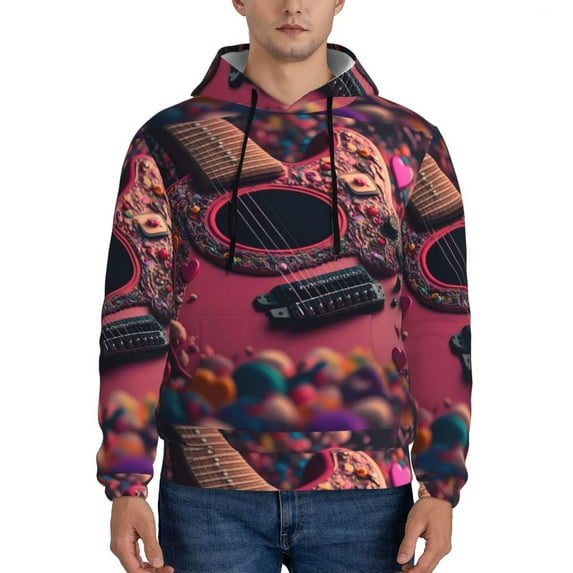 Lsque Romantic Heart Guitar Pattern Casual Men's Hoodie,Hooded Sweatshirt with Kangaroo Pocket,Pullover Hoodie-XX-Large