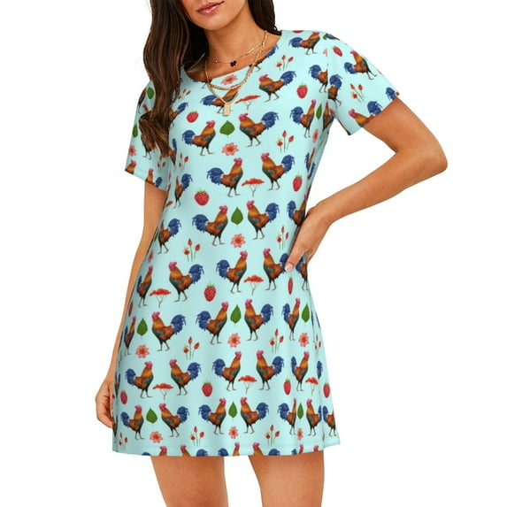 Lsque Roosters And Plants Pattern Nightgowns for Women Sleep Shirts Short Sleeve Nightshirt Pullover Nightdress Soft Sleepwear Relaxed Fit Nightdress