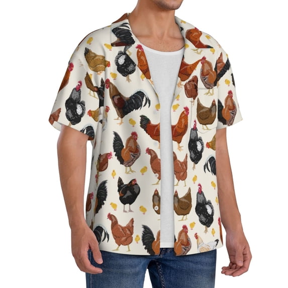 Lsque Roosters and Chickens print Men's Cuban Collar Short Sleeve Shirt Summer Beachwear Casual Button Down Fashionable Vacation Leisure Shirt-X-Large