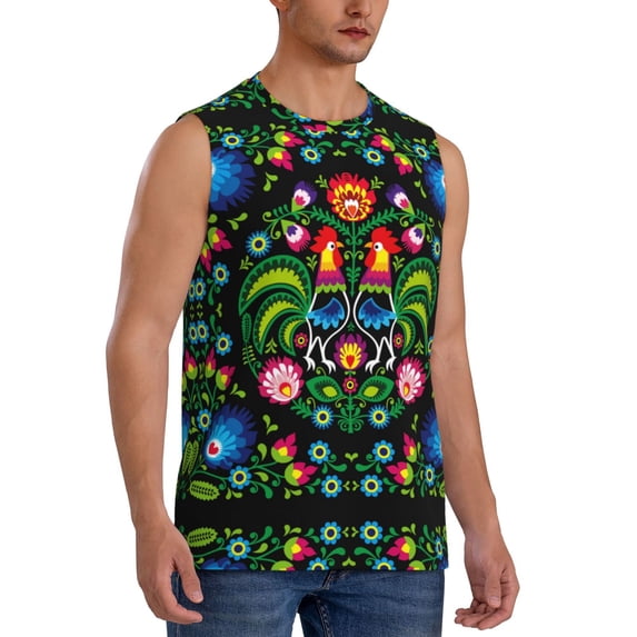 Lsque Roosters and Flowers Print Men's Cotton Blend Sleeveless Muscle Shirts (S-3XL)- Moisture Wicking, Odor Protection, UPF 30+,Small