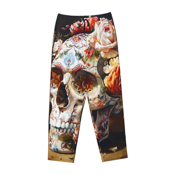 Lsque Rose Floral Skull Print Women's Pajama Pants, Lounge Pant - Comfortable Home Wear,Elastic Waistband, Stylish Design-XX-Large