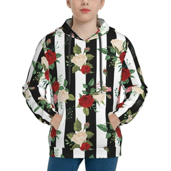 Lsque Rose Flowers Patten Youth Hoodie Sweatshirt Pullover with Kangaroo Pocket Boys and Girls Hoodie Warm Hoodie for Kids-Medium