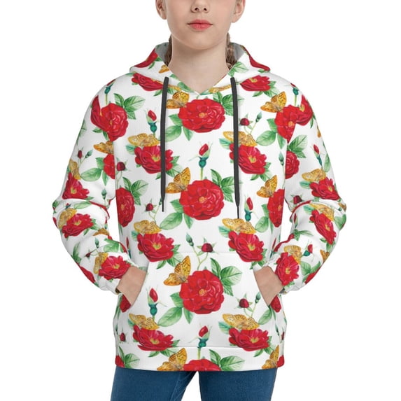 Lsque Rose Flowers Patten Youth Hoodie Sweatshirt Pullover with Kangaroo Pocket Boys and Girls Hoodie Warm Hoodie for Kids-Small