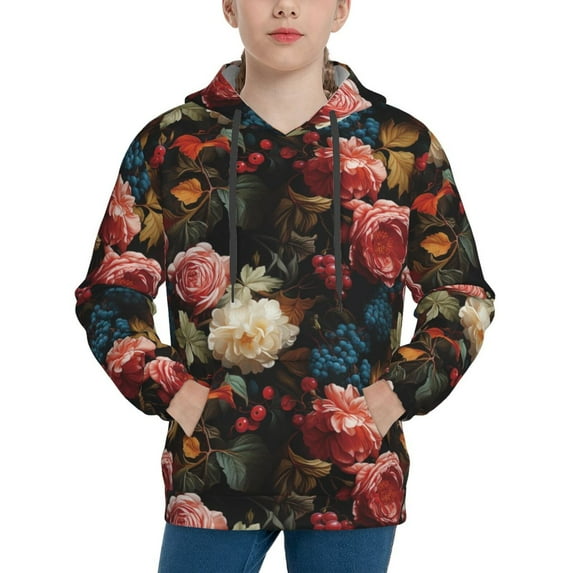 Lsque Rose Flowers Patten Youth Hoodie Sweatshirt Pullover with Kangaroo Pocket Boys and Girls Hoodie Warm Hoodie for Kids-X-Large