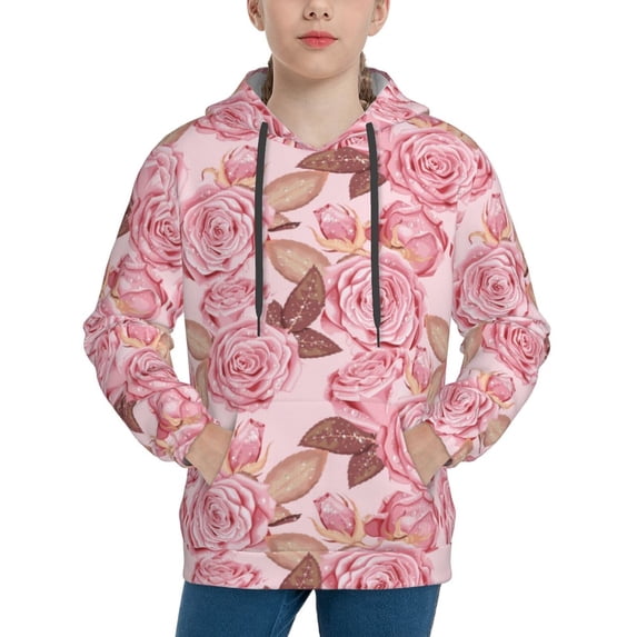 Lsque Rose Flowers Patten Youth Hoodie Sweatshirt Pullover with Kangaroo Pocket Boys and Girls Hoodie Warm Hoodie for Kids-X-Large