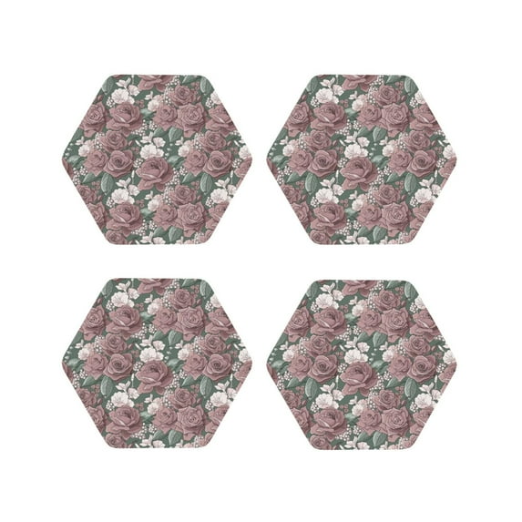 Lsque Rose Flowers Pattern 4" Drink Coasters Set of 4, PVC Leather Absorbent Coasters, Table Coaster Set Decorative Coffee Cup Coasters Housewarming Gift -Hexagon