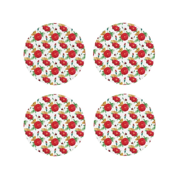 Lsque Rose Flowers Pattern 4" Drink Coasters Set of 4, PVC Leather Absorbent Coasters, Table Coaster Set Decorative Coffee Cup Coasters Housewarming Gift -Round Shape