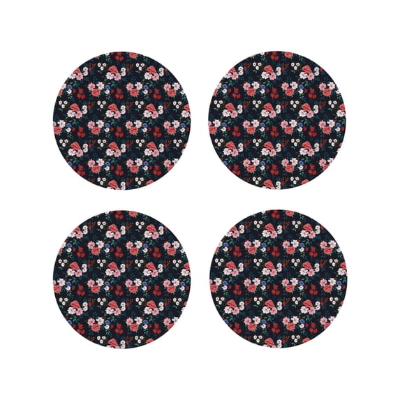 Lsque Rose Flowers Pattern 4" Drink Coasters Set of 4, PVC Leather Absorbent Coasters, Table Coaster Set Decorative Coffee Cup Coasters Housewarming Gift -Round Shape