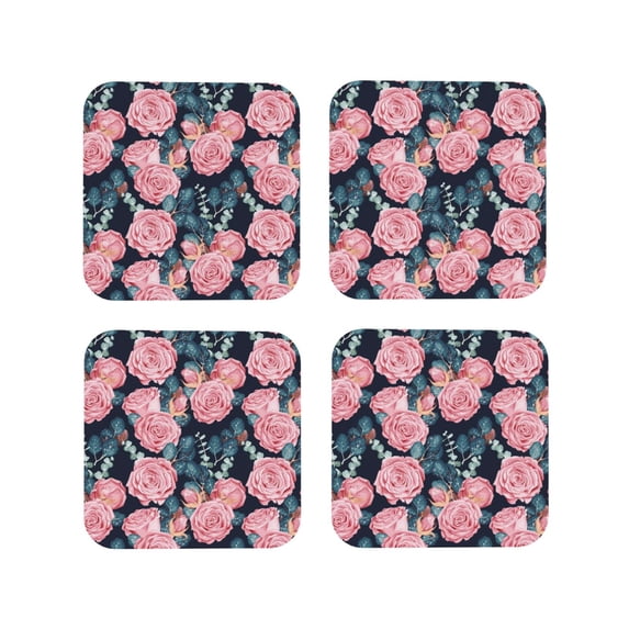 Lsque Rose Flowers Pattern 4" Drink Coasters Set of 4, PVC Leather Absorbent Coasters, Table Coaster Set Decorative Coffee Cup Coasters Housewarming Gift -Square
