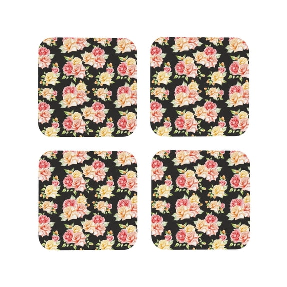 Lsque Rose Flowers Pattern 4" Drink Coasters Set of 4, PVC Leather Absorbent Coasters, Table Coaster Set Decorative Coffee Cup Coasters Housewarming Gift -Square