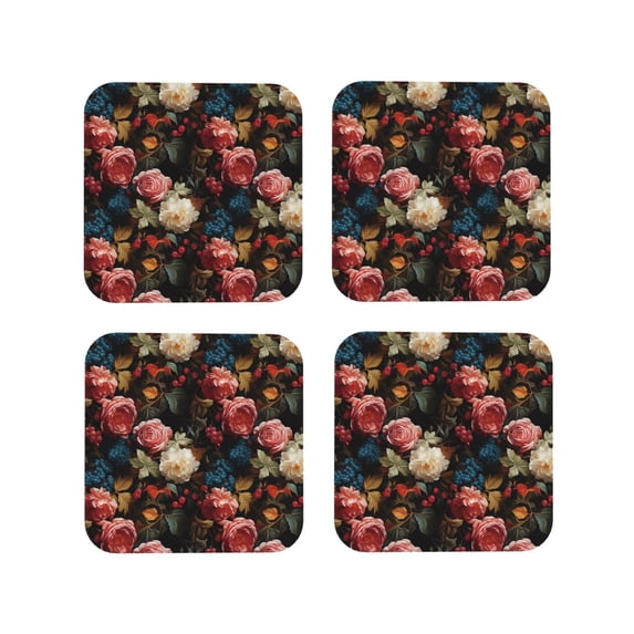 Lsque Rose Flowers Pattern 4" Drink Coasters Set of 4, PVC Leather Absorbent Coasters, Table Coaster Set Decorative Coffee Cup Coasters Housewarming Gift -Square
