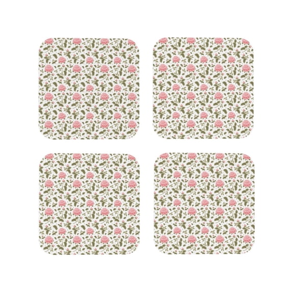 Lsque Rose Flowers Pattern 4" Drink Coasters Set of 4, PVC Leather Absorbent Coasters, Table Coaster Set Decorative Coffee Cup Coasters Housewarming Gift -Square