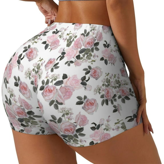 Lsque Rose Flowers Pattern High Waisted Biker Shorts for Women-Tummy Control Fitness Athletic Workout Running Yoga Gym Shorts,Moisture-Wicking-X-Large